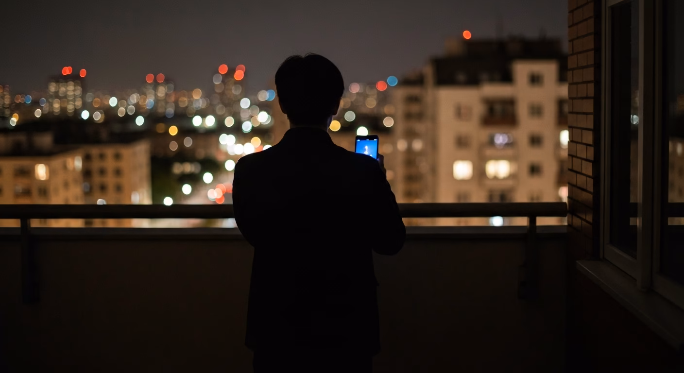 Gece karanlığında telefon ekranının ışığıyla aydınlanan bir figür — dijital yalnızlık