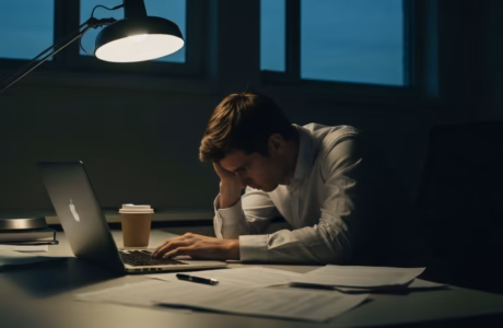 Hustle culture psikolojisi — gece geç saatte yorgun çalışan