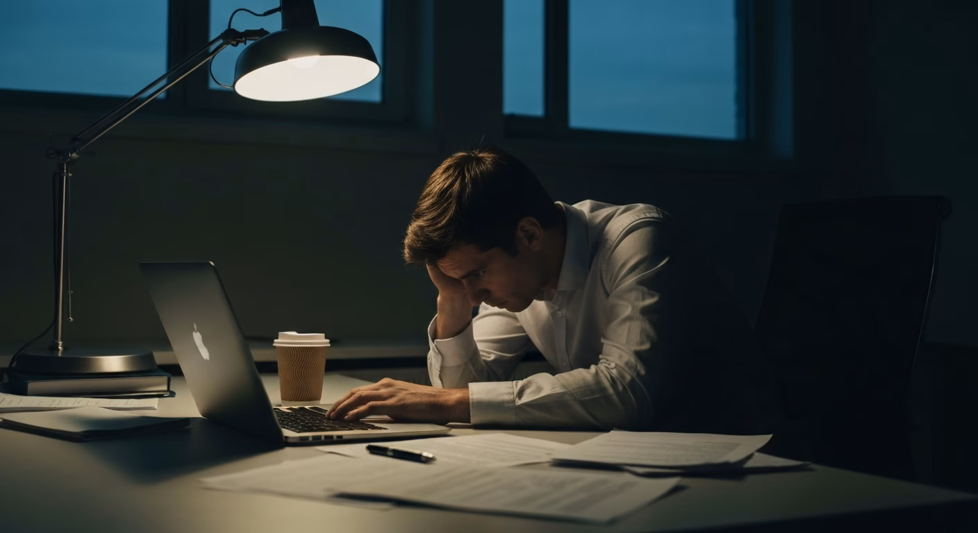 Hustle culture psikolojisi — gece geç saatlerde çalışma masasında yorgun figür